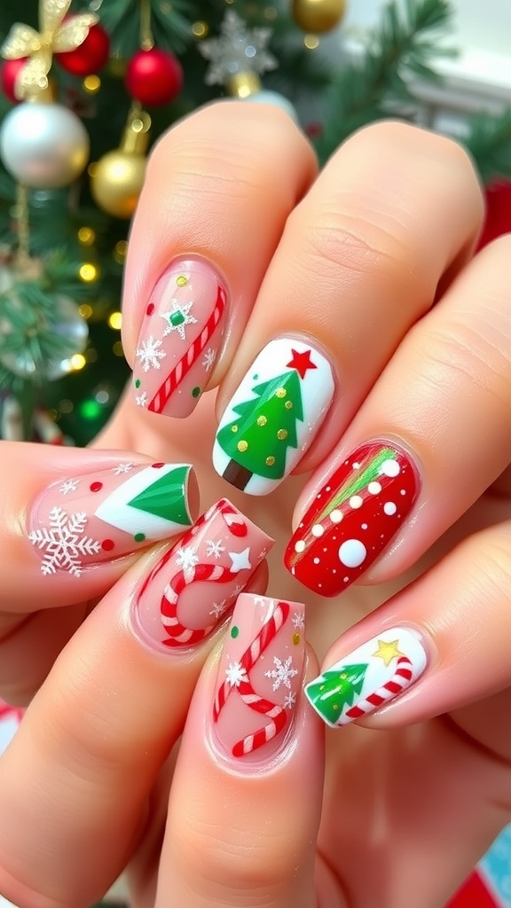 Close-up of Christmas nail art with snowflakes, trees, and candy canes in red and green.